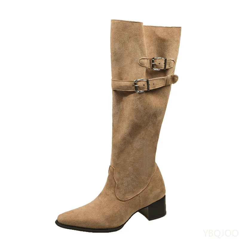 Spring and Autumn Fashion New Pointed Cowboy Coarse Heel Stacked Boots New Style No Knee Large Barrel Giroud Women's Boots