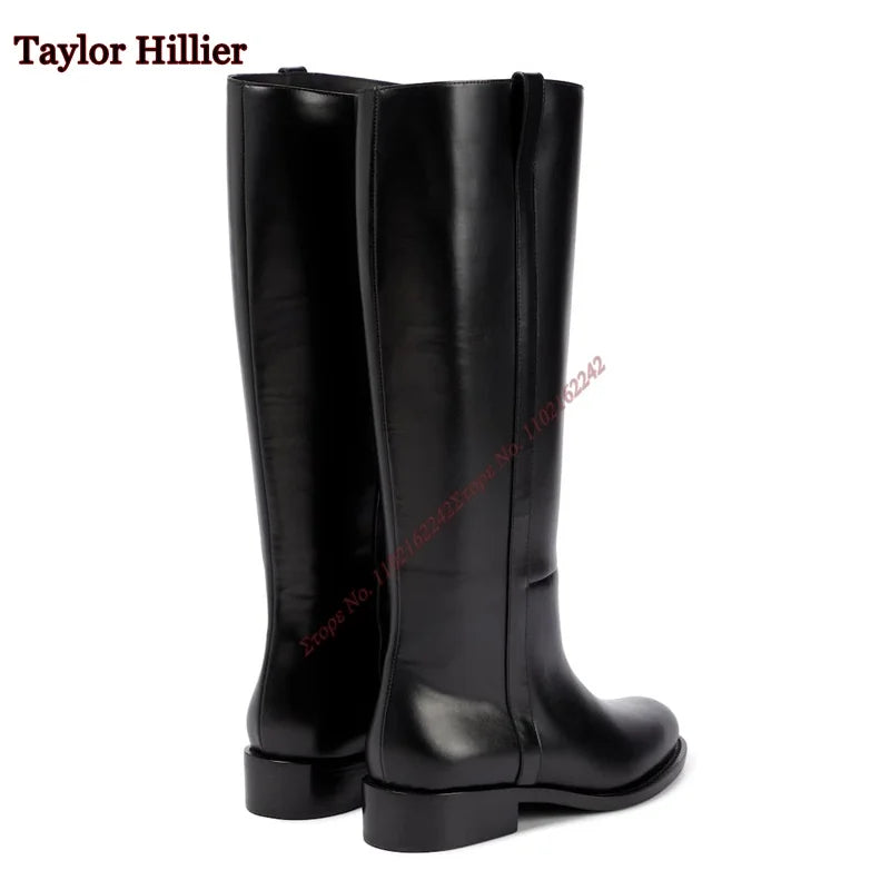 Black Round Toe Slip-On Women'S Boots Patent Leather Thick Heel Flat Knee-High Boots Fashionable Luxury Comfortable Winter Boots