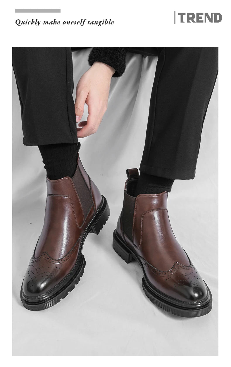 Men's riding boots British-style retro brogue carved high-top leather shoes men's casual leather shoes thick-soled leather boots