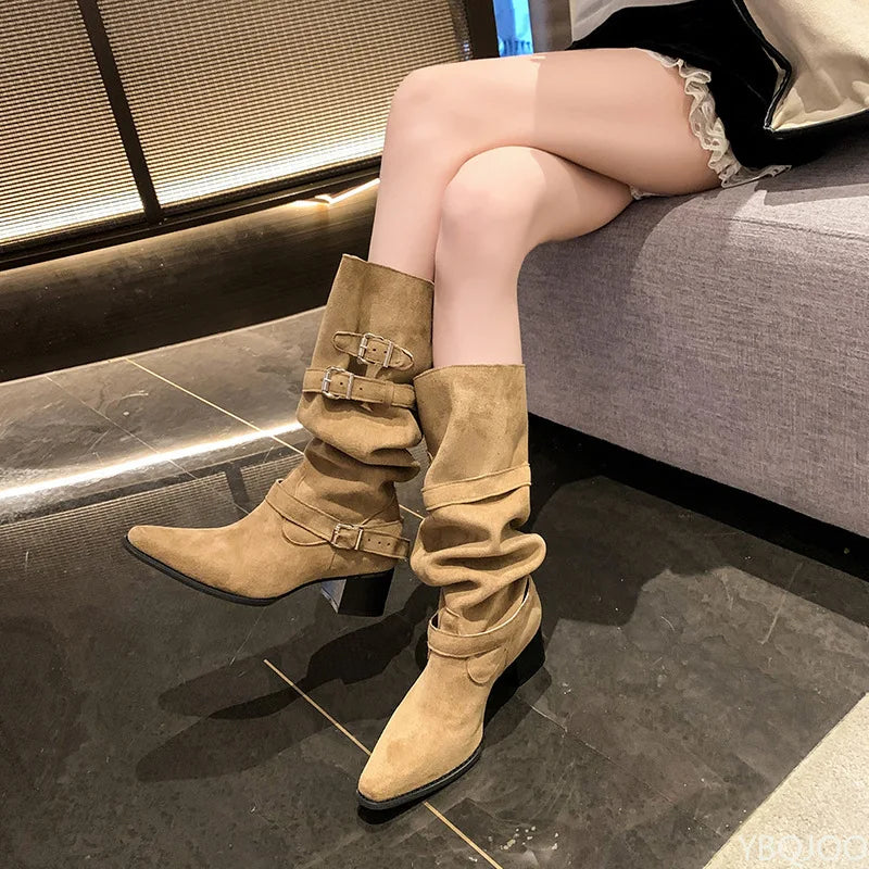 Spring and Autumn Fashion New Pointed Cowboy Coarse Heel Stacked Boots New Style No Knee Large Barrel Giroud Women's Boots