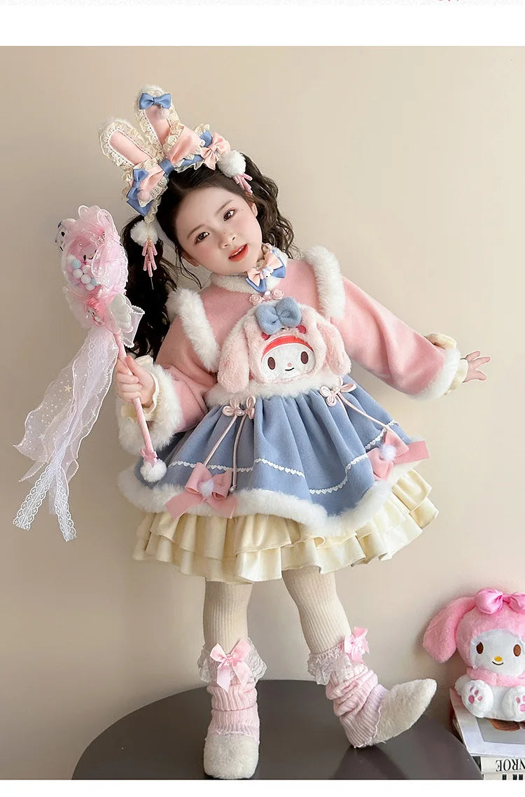Anime My Melody Lolita Princess Dress Girl Bow Decoration Party Dress Ruffled Tutu Skirt Fleece-Lined Layered Dress Ball Gown