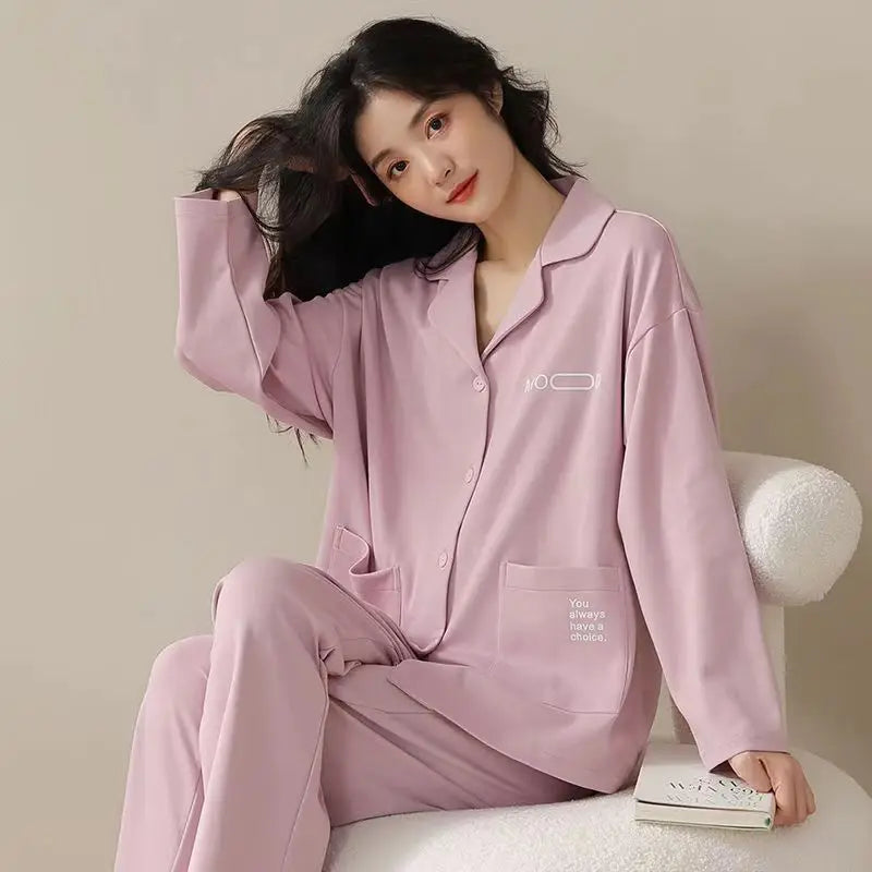 Antibacterial Pure Cotton Sleepwear Long Sleeve Loose Home Clothes Set for Women plus Size Spring Summer Autumn Winter