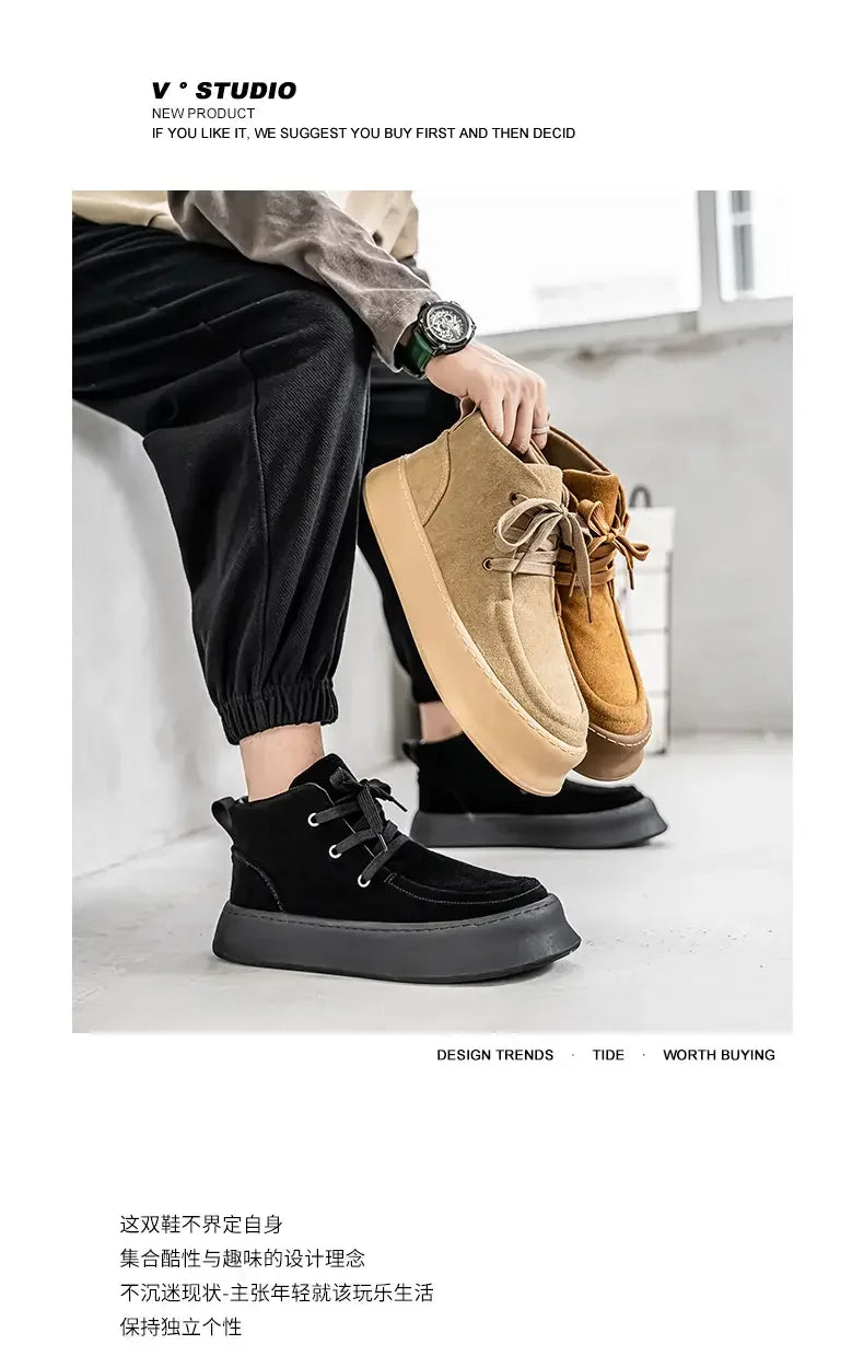 Men's High-top Boots in Solid Colors Flat Heels and Lace-up A Trendy Brand Design for The Four Seasons Fashion Walking Boots