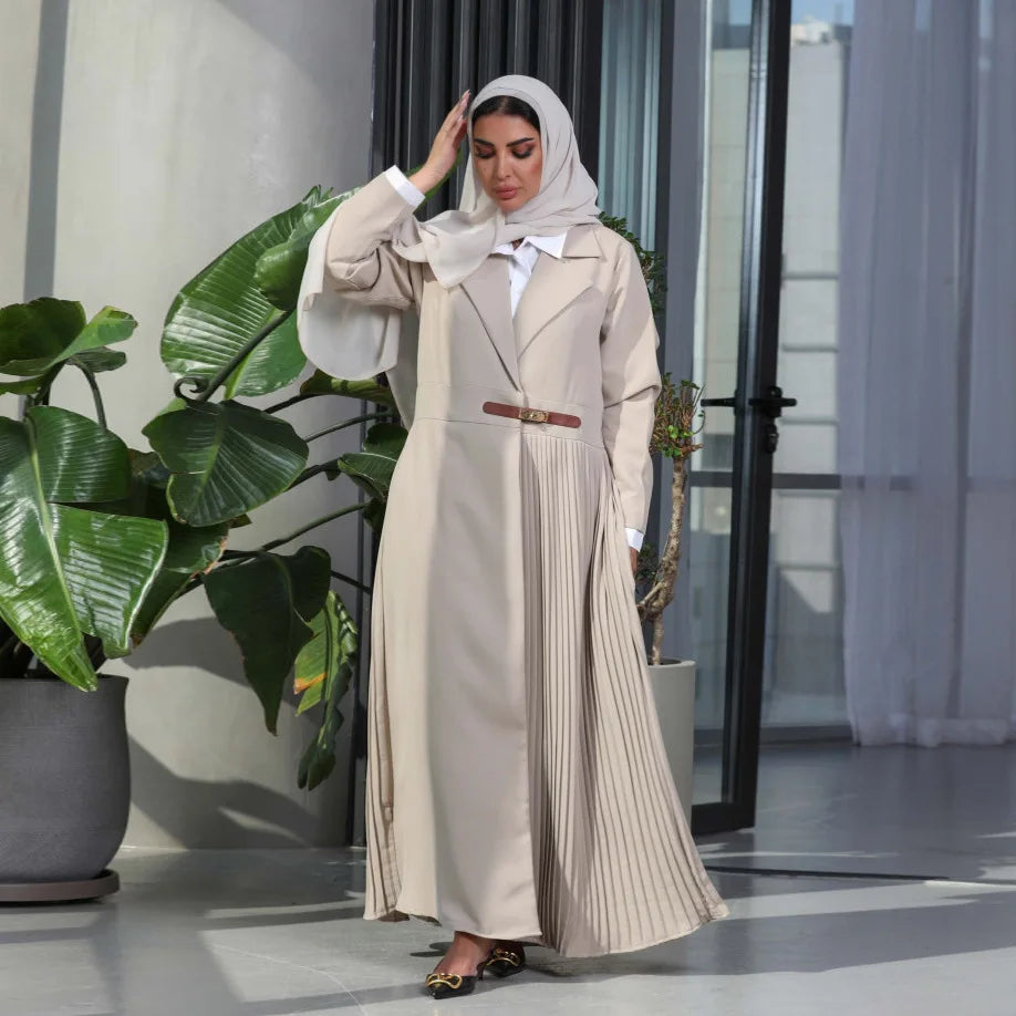 Abaya Cardigan Long Robe Pleated Jacket Muslim Arabic Fashion Leather Button