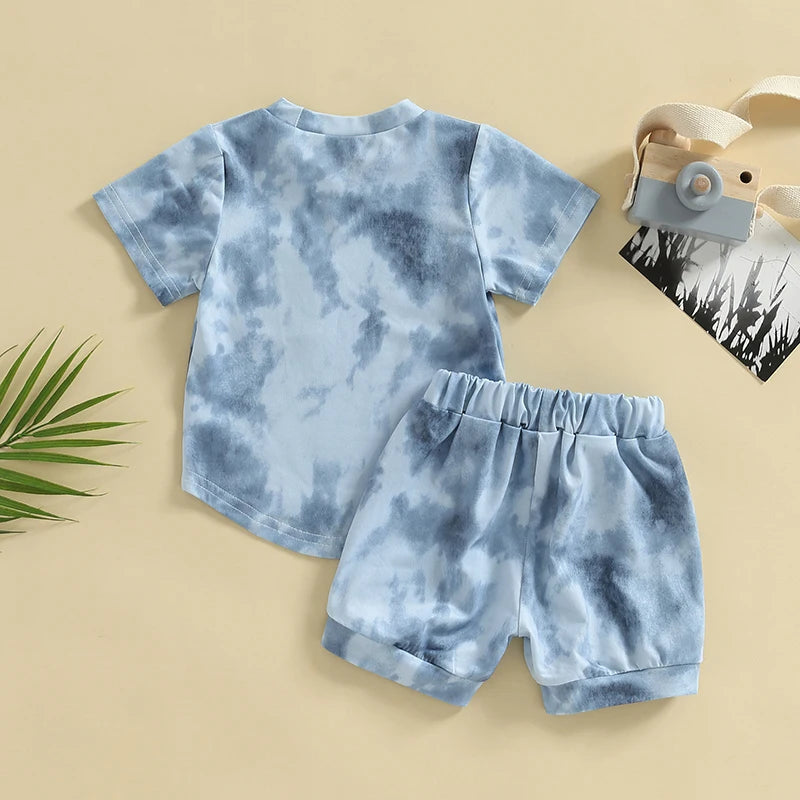 Summer Fashion Baby Boys Suit Tie-dye Print Short Sleeve Crew Neck T-shirt + Elastic Waist Shorts 2Pcs Infant Toddler Sets