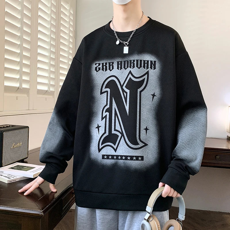 Trendy Men's Hoodie Fashionable Round-Neck Loose Casual Sweatshirt for Spring and Autumn Comfortable Youthful and Dynamic Top