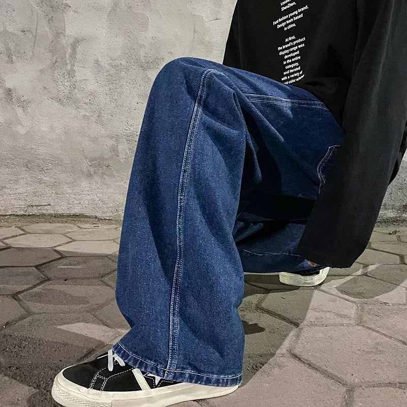 Men Casual Loose Jeans Male Streetwear Fashion Straight Wide Leg Denim Pants Elastic Waist Comfortable Solid Color Gray Trousers