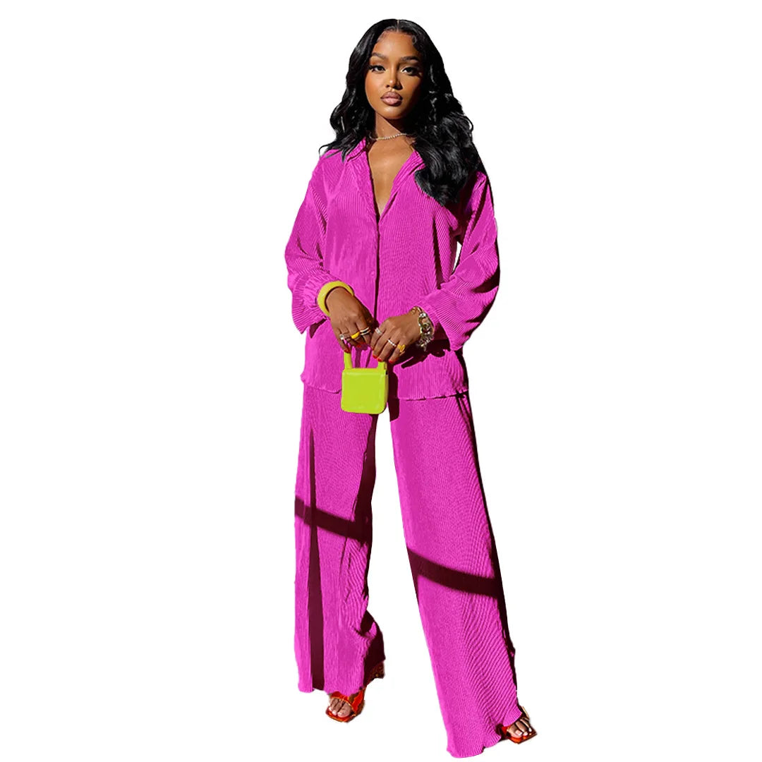 CM.YAYA Pleated Women's Set Long Sleeve Shirt Tops and Straight Wide Leg Pants Elegant Tracksuit Two 2 Piece Set Fitness Outfits