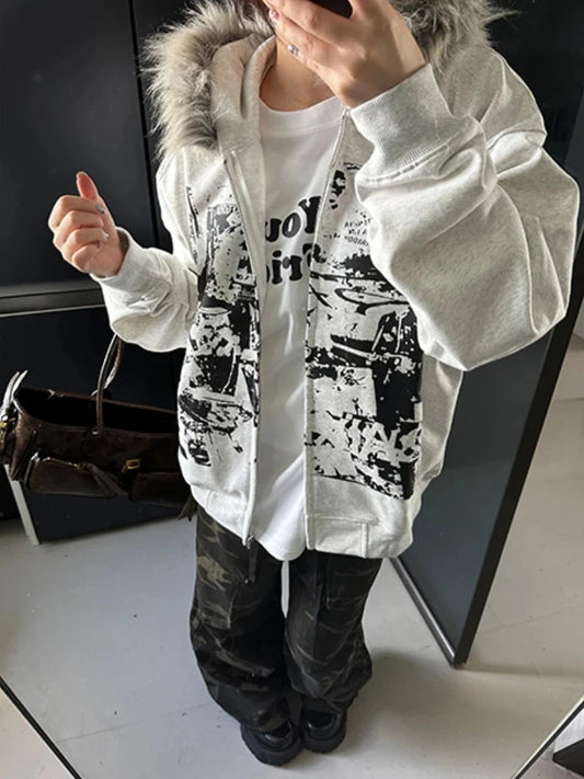 Subculture Vintage Faux Fur Hooded Women Casual Y2k Clothing Korean Fashion Sweatshirts Harajuku Gothic Printed Coats Jackets