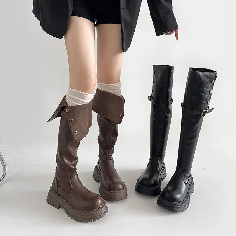 Over-the-Knee Boots2025Autumn and Winter New Retro British Style Chunky Heel Platform Boots Women's Tube Skinny Boots