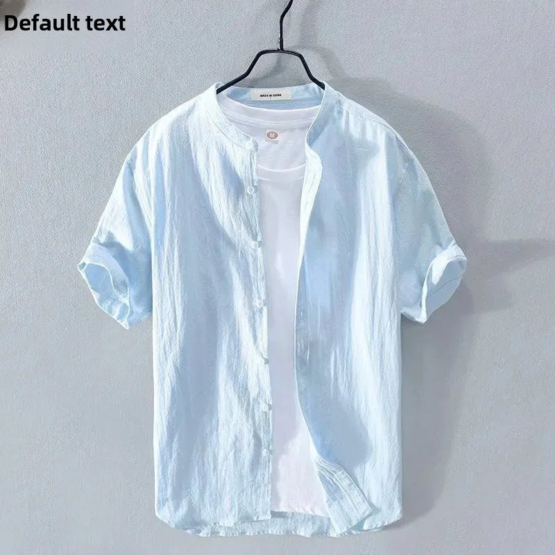 Japanese Style Loose Fit Lightweight Short Sleeve Linen Shirt round Neck Summer Casual Menswear White Cotton Linen Blend