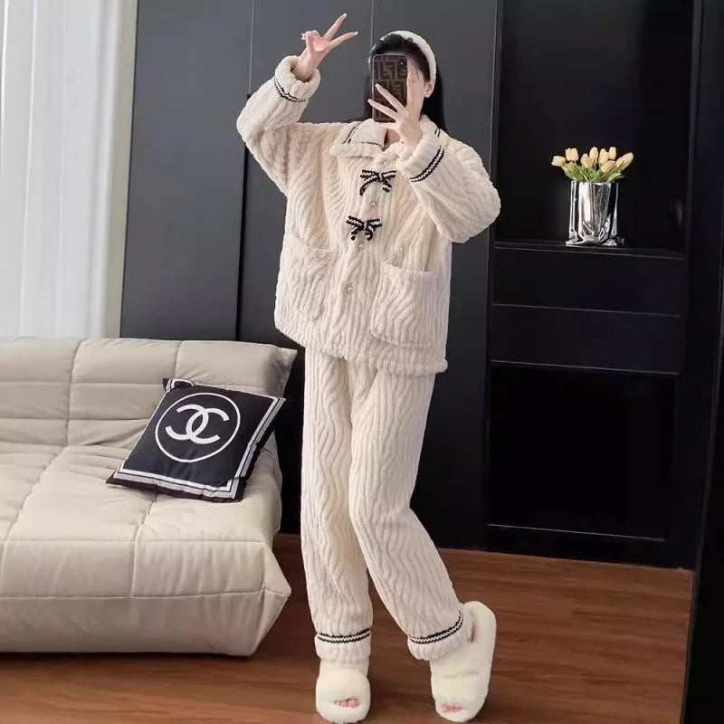 2025 Coral Fleece Women's Sleepwear Thickened Flocking Home Clothes Warmth High Sensation Long Sleeve Pants Set Home Leisure