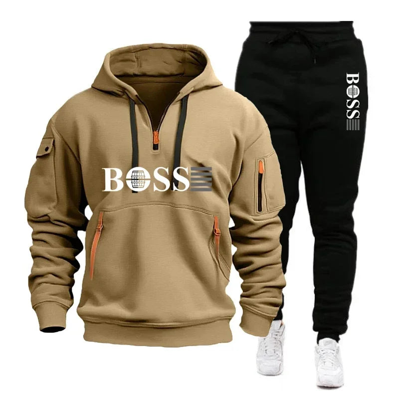 Men's Autumn and Winter New Pullovers Hoodie and Pants 2-piece Set, Outdoor Jogging Windproof Zipper Warm Men's Sportswear