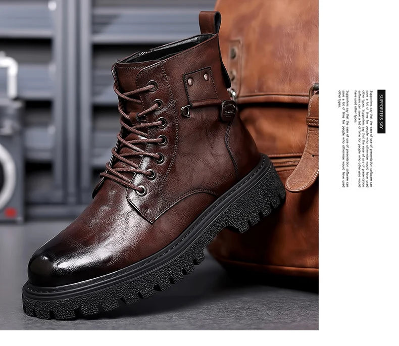 Men's High-Top Boots: British Style Thickened Sole Genuine Leather Indestructible Work Boots, Couple Big Yellow Boots for Men an