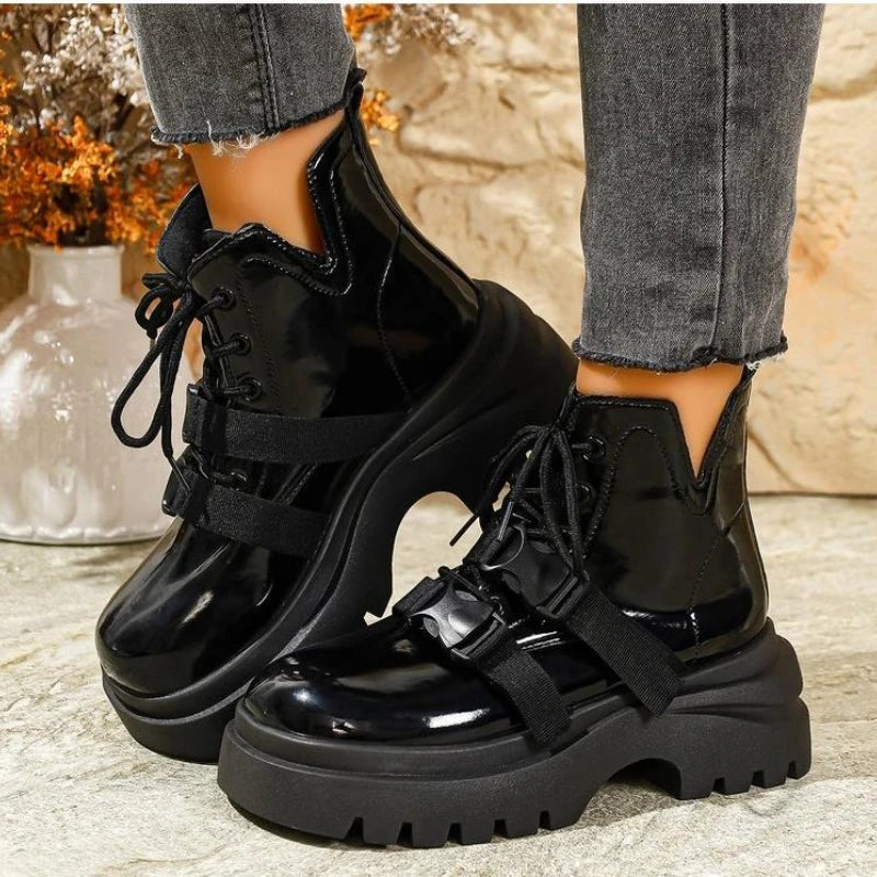 Black Platform Casual Women's Ankle Boots 2025 New Designer Autumn Winter British Style Boots Shoes for Women Botas De Mujer