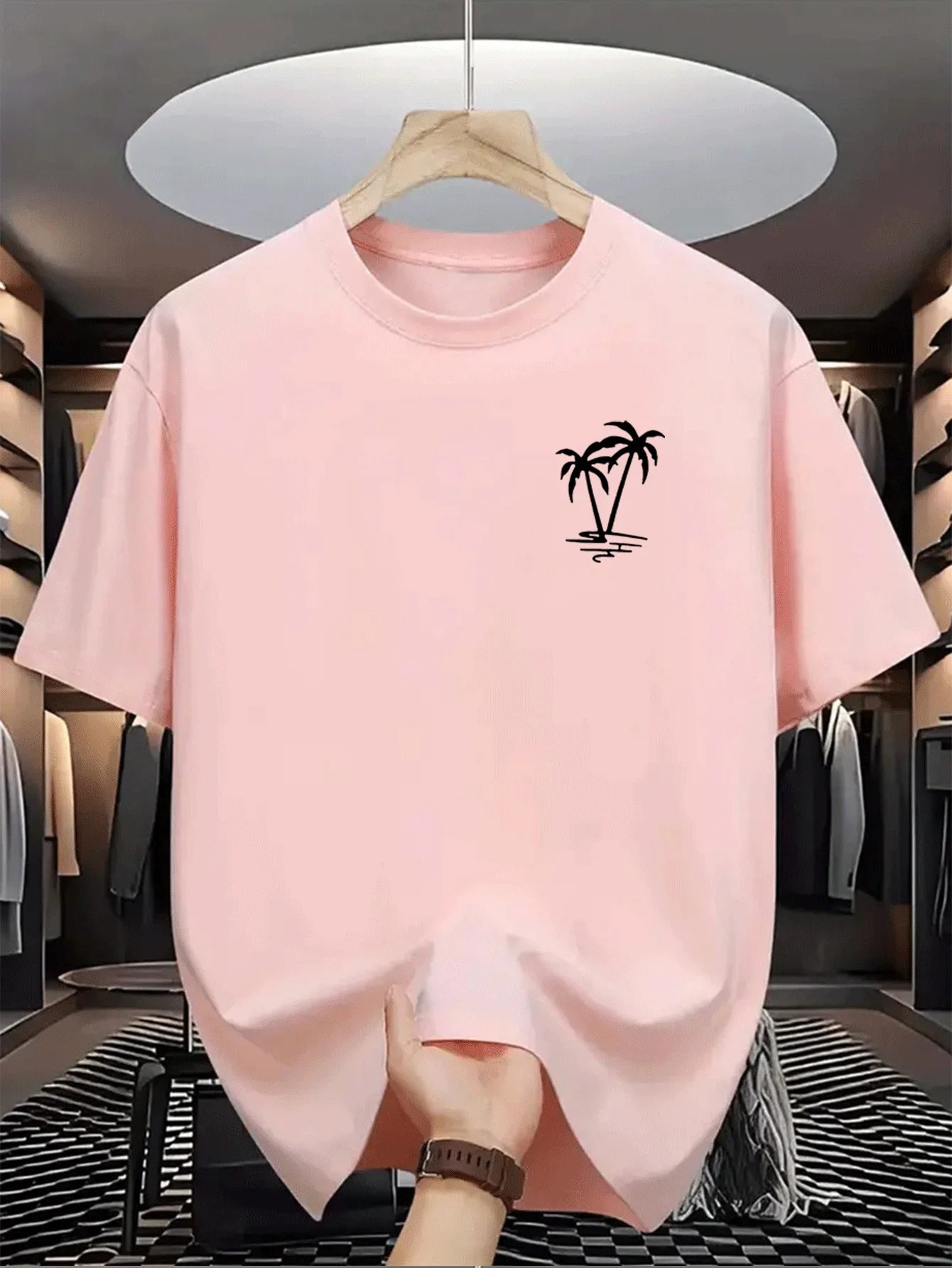 Men's summer  cotton fashionable casual loose coconut tree pattern printed sports round neck short sleeved T-shirt top