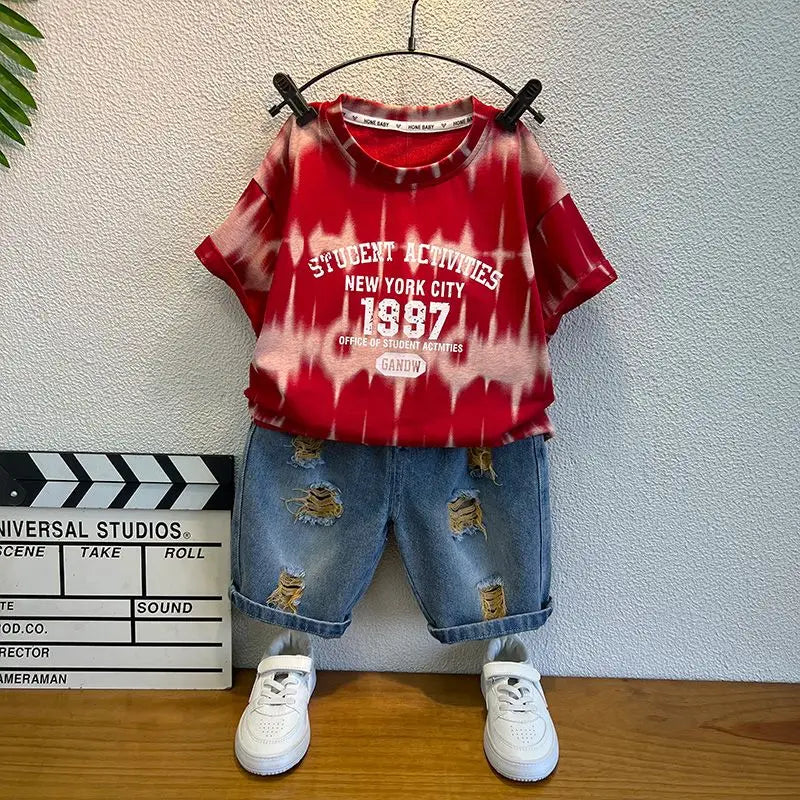 Korean Baby Boys Summer Sets Children's Clothing Short-Sleeved Letter T-Shirt & Denim Shorts Kids Boys Outfits Clothes 2-11Y