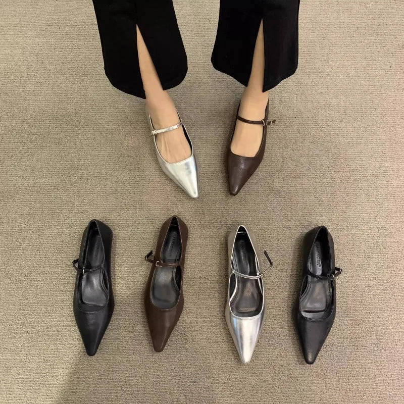 Flat Shoes for Women 2025 Spring Autumn New Mary Jane Shoes Low Heel Pointed Flat Bottomed Women's Shoes Plus Size 42 43 44