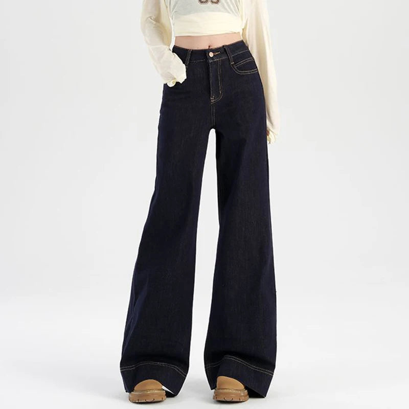 Girls High Waist Leisure Retro Jeans Female Korean Baggy Straight Leg Denim Trousers Women Fashion Bell Bottom Pants