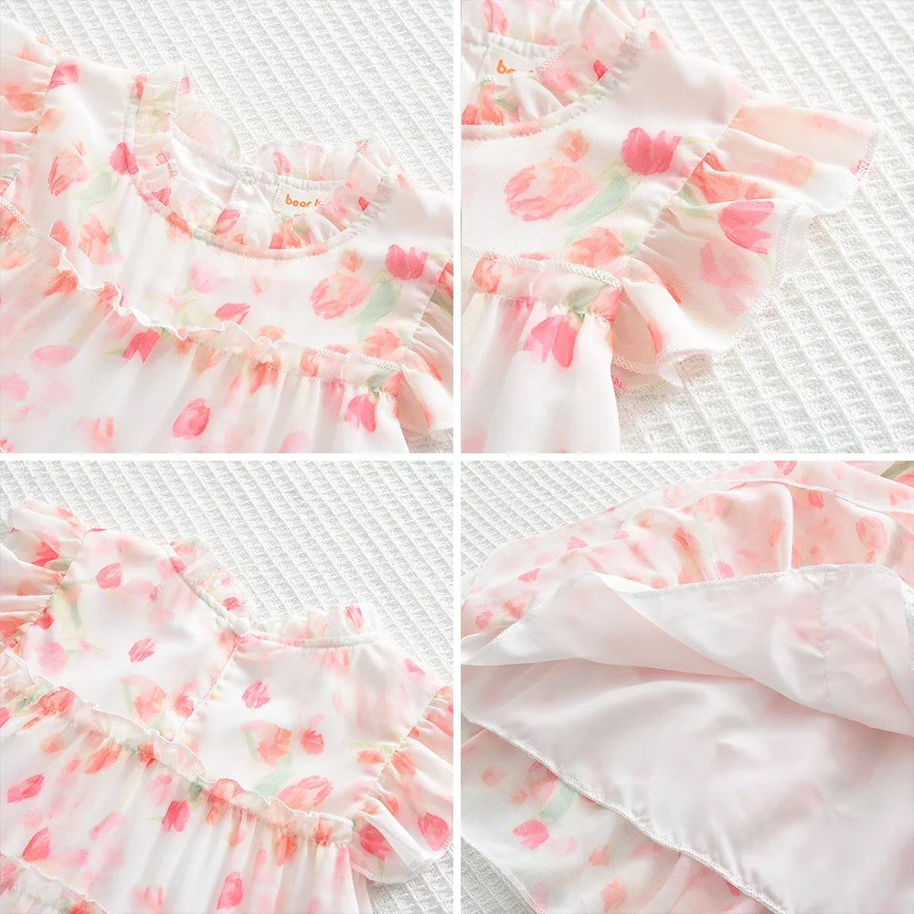 Pink Dreamy Sweet Girl Fairy Princess Dress Sleeveless Bow Decoration Mesh Lace Children's Casual Clothes Birthday Party Summer