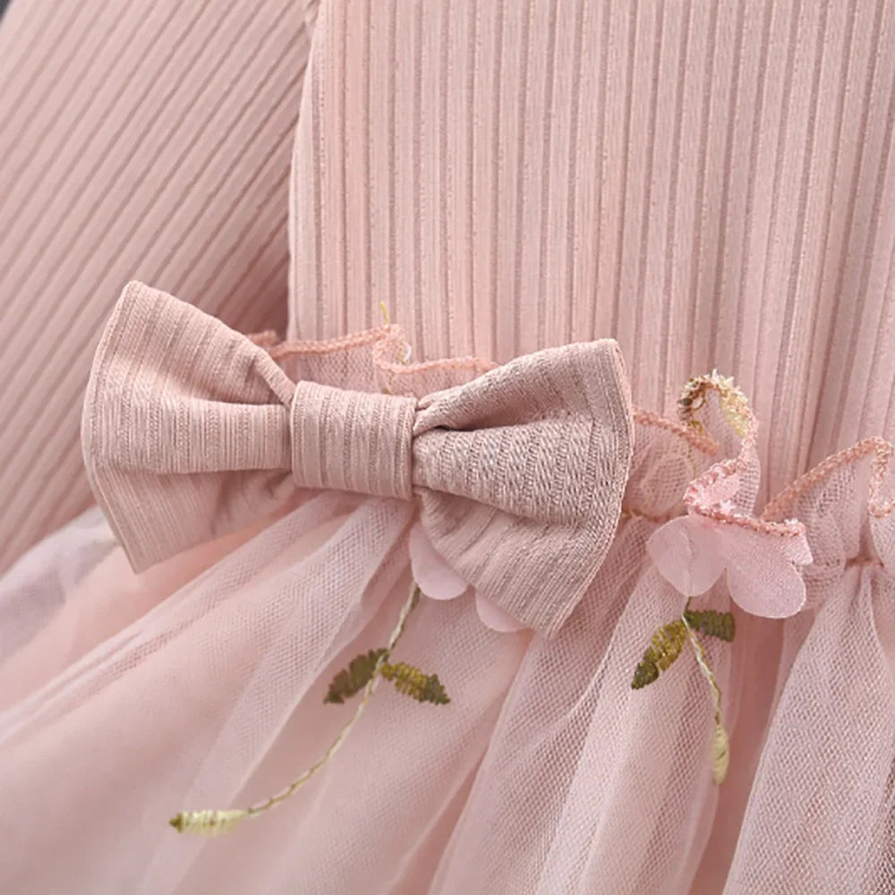 Winter New Girls' Dress Long Sleeve Puffed Sleeve Crew Neck Top Knitted Shirt Gauze Dress Flower Sweet Princess Dress