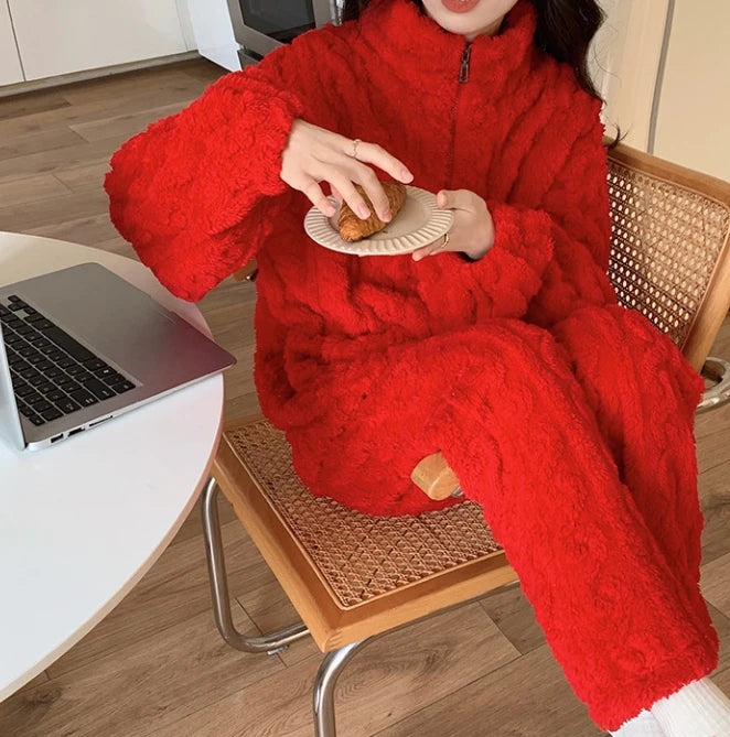 Women's Winter 2 piece sets women outfit Coral fleece pajamas home set Stand Collar Zip Up Fuzzy Teddy Top high waisted Pant Set