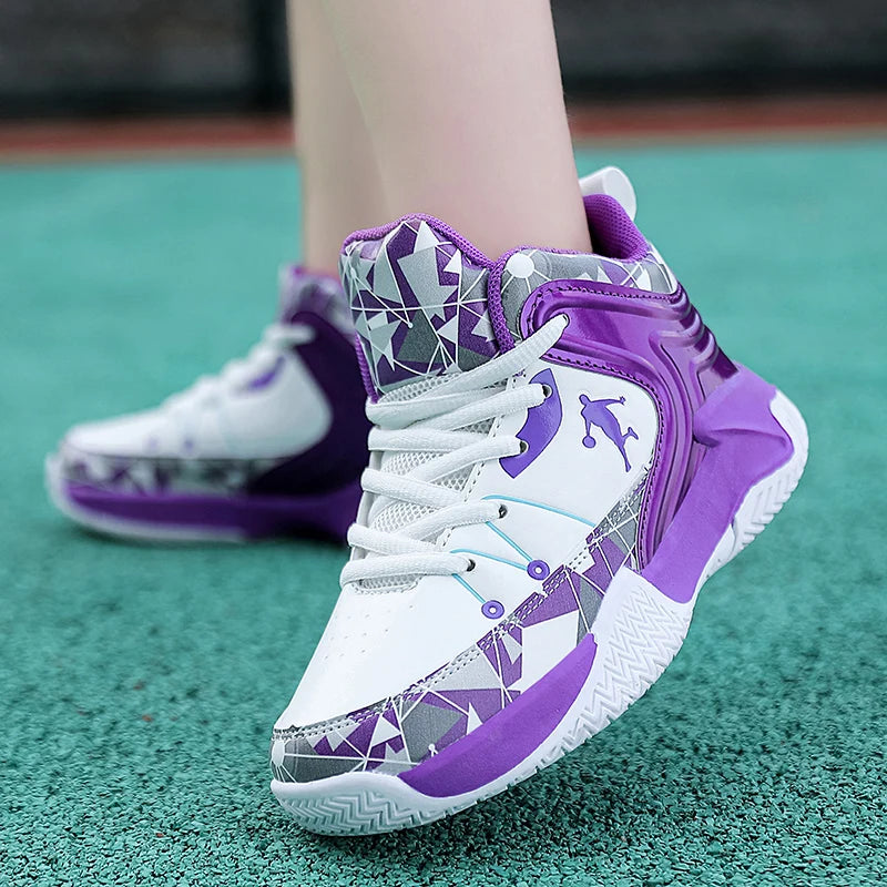 Hot Sale Basketball Shoes For Children Fashion Design Purple Children's Basketball Sneakers High Top Lace-up Kids Sports Shoes
