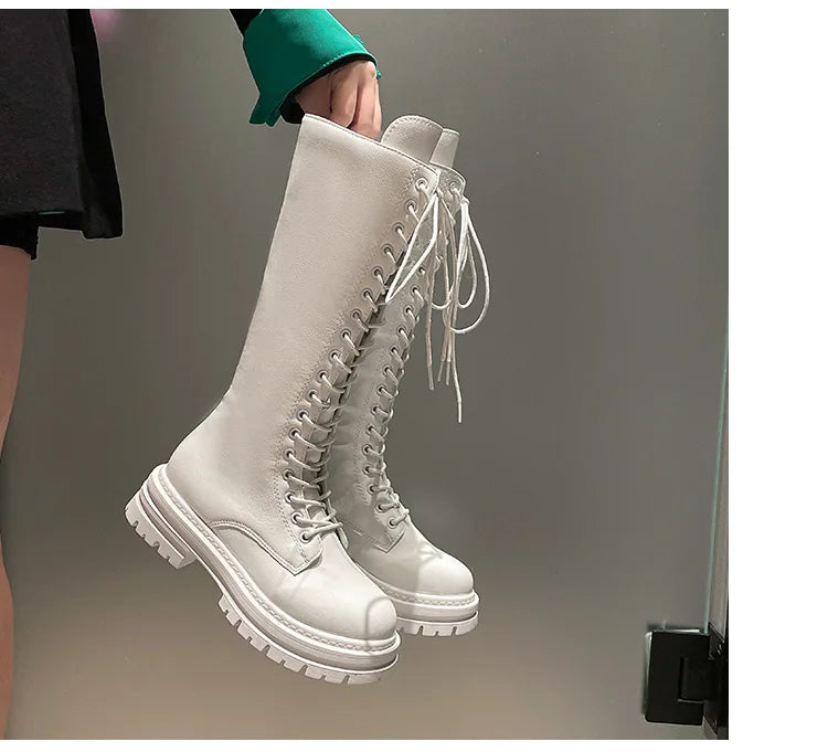 Long boots for women  spring 2025 new white thick soled long boots with thick legs and high waisted straps