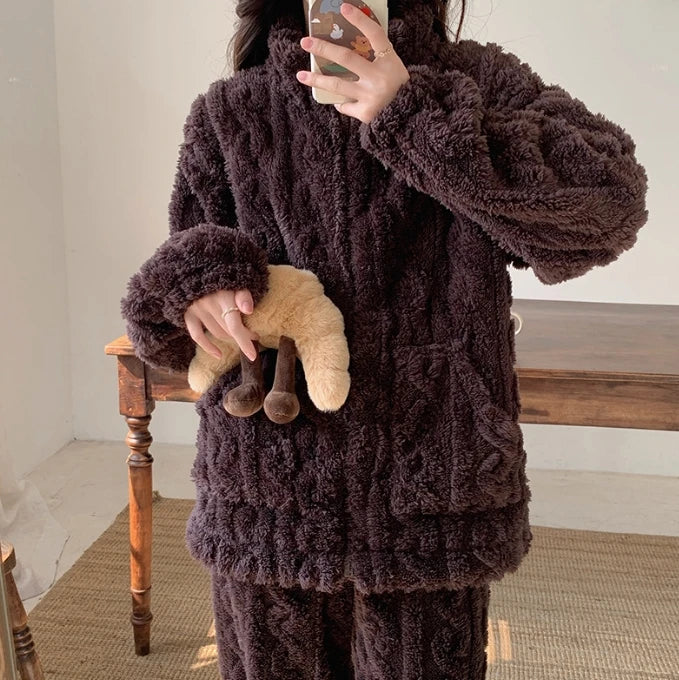 Women's Winter 2 piece sets women outfit Coral fleece pajamas home set Stand Collar Zip Up Fuzzy Teddy Top high waisted Pant Set