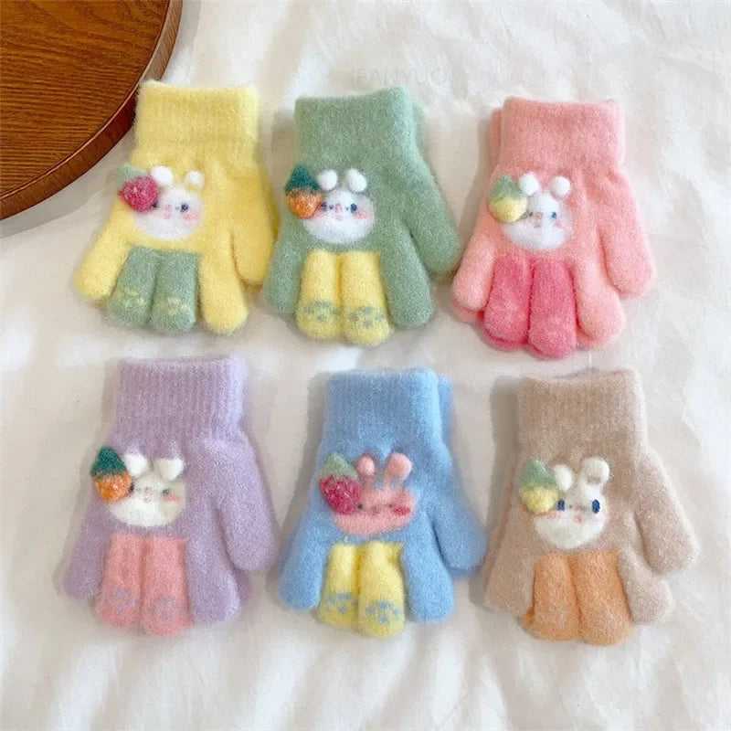 3-6Ages Children's Cute Strawberry Rabbit Kids Warm Gloves Autumn Winter Baby Boys Girls Five Finger Mittens Kindergarten Glove