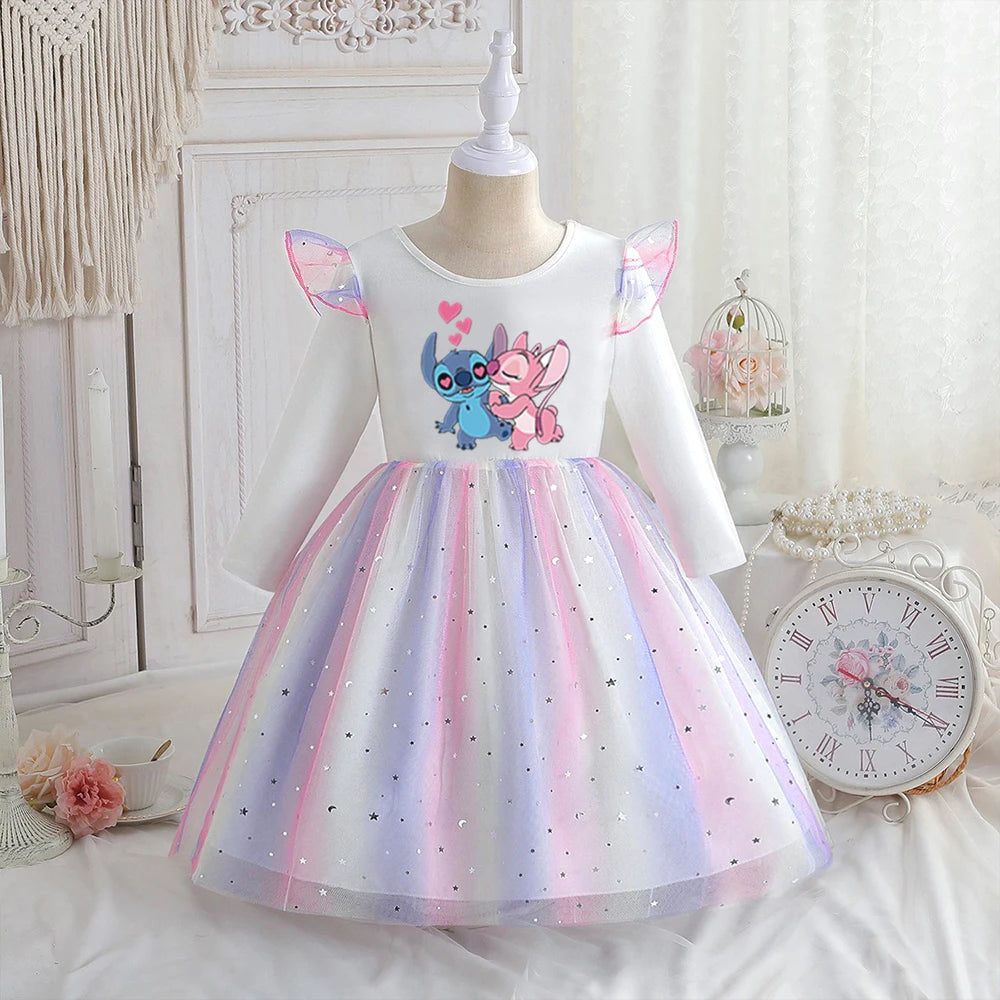 Stitch Princess Dress Autumn New Disney Baby Girls Dress Spring Autumn Long-sleeved For Children Kids Clothes Birthday Party