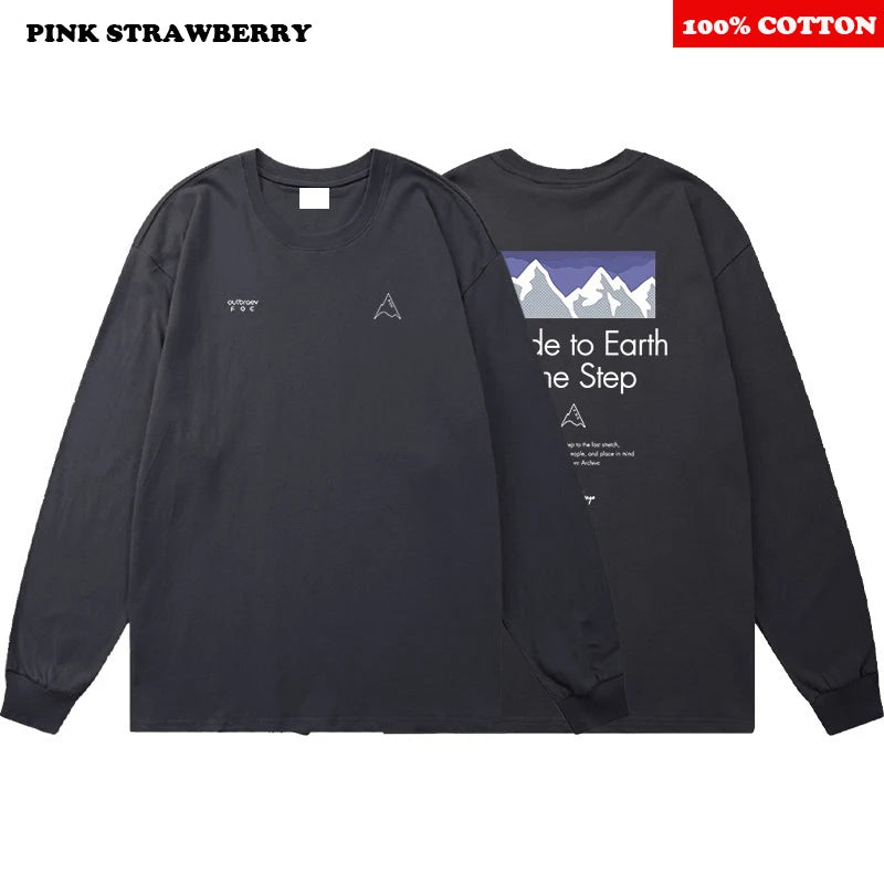 American style White Print T-shirt Men Autumn 2025 New 100% Cotton Oversize Loose Casual Long sleeves TeeTop Y2k Male clothing