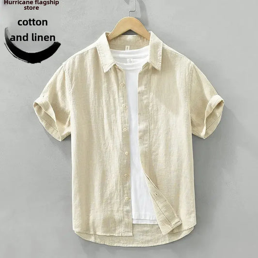 Zhenshi Hemp Short Sleeve Men's Summer Cotton Linen Thin Breathable Top Japanese Vintage Solid Color Lapel Collar Shirt