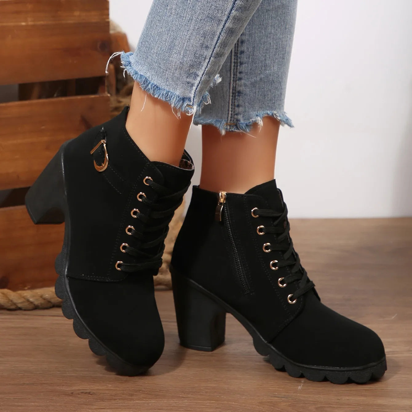 2025 Women High Heel Ankle Boots Autumn Lace Up Comfortable Short Boots Retro Fashion New Trend Lady Shoes Women Botas De Mujer