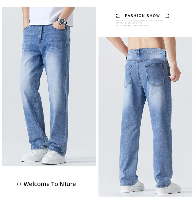 Summer Thin Straight Jeans Men's Clothing Soft Breathable Trousers Male Brand Comfortable Business Loose Denim Pants