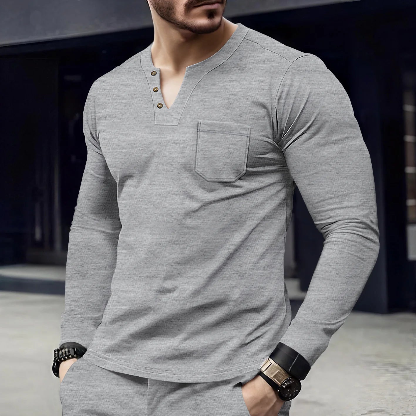 New Spring/Summer Men's Casual V-neck Long sleeved Top with Button Pocket T-shirt Outdoor Versatile Trendy Fashion Men's Top