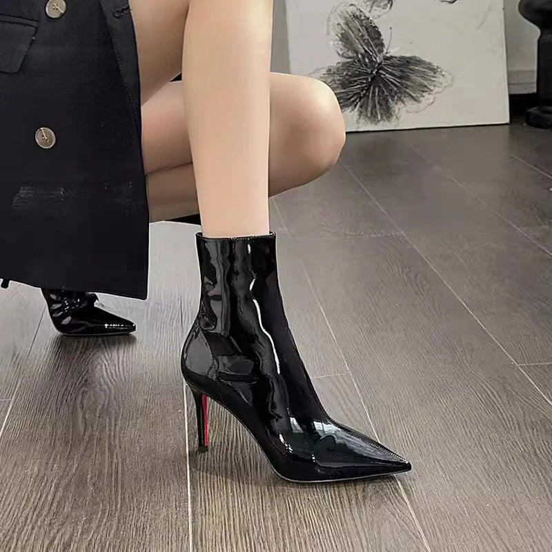 Black Booties Women 2025 Patent Leather Stiletto Pointed Toe Sexy Pump Heels Boots