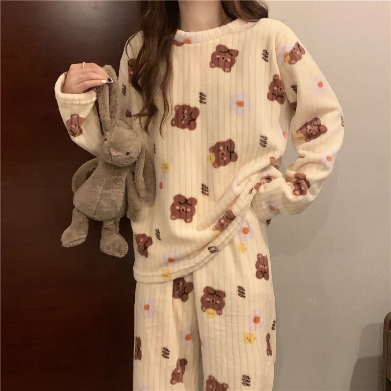 Thickened Coral Fleece Printed Sleepwear Set Women's Autumn Winter Fashion plus Size Warm Home Clothes Long Sleeve Long Pants