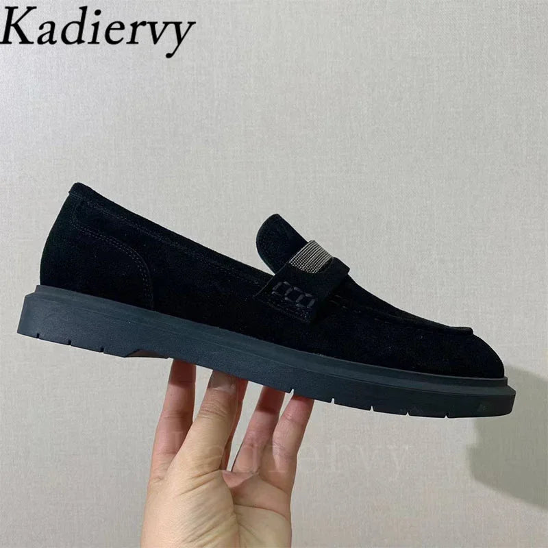 Classics Flat Shoes Women Luxury Cow Suede Chain String Bead Round Toe Slip-on Walk Shoes Female Casual Comfort Loafers Woman