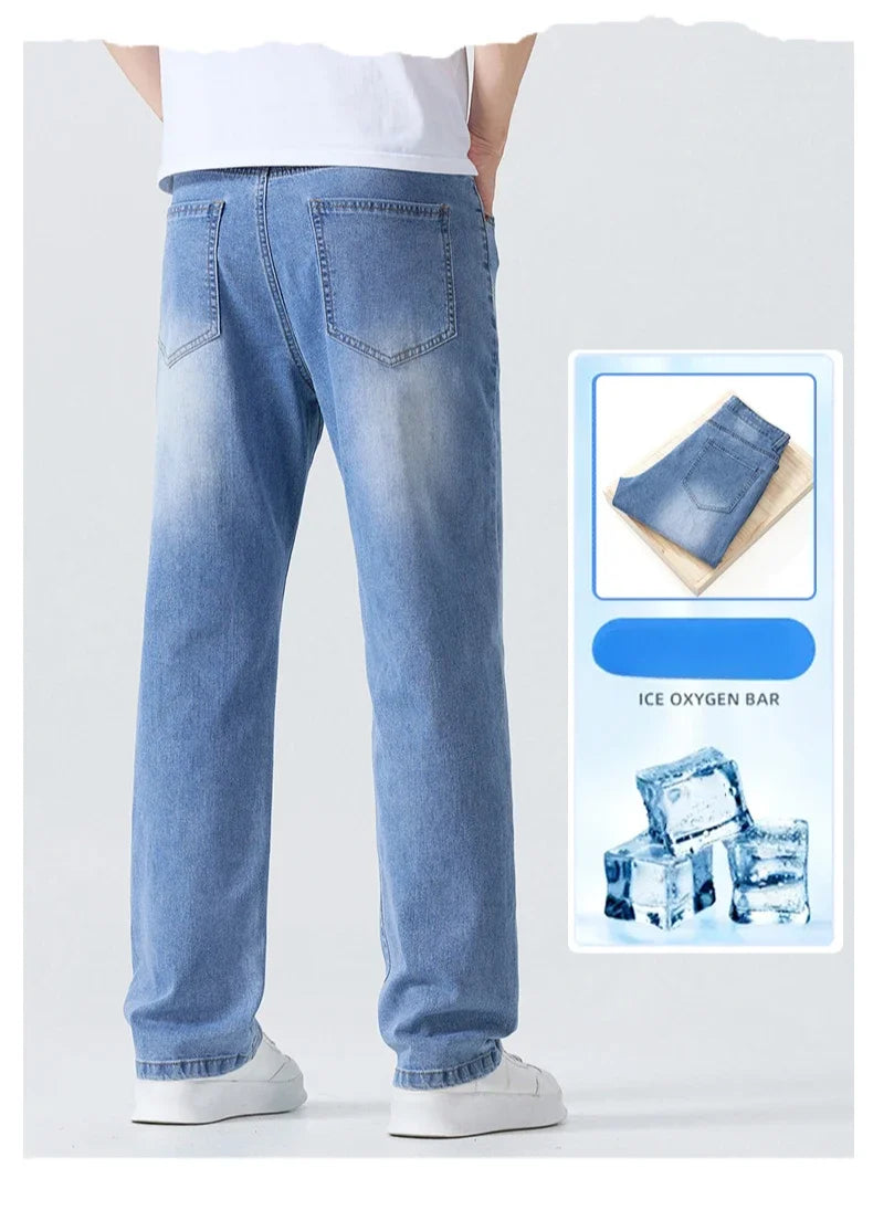 Summer Thin Straight Jeans Men's Clothing Soft Breathable Trousers Male Brand Comfortable Business Loose Denim Pants