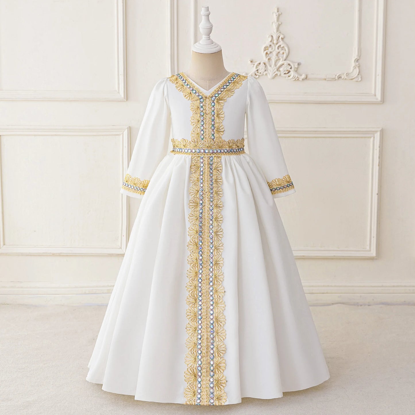 Middle Eastern Arabian Kids Robe Splice Embroidered Belt Dress Muslim Long Sleeve Abayas Dubai Islam Girls Lace Dress Party Gown