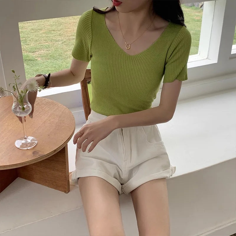 2026 Basic V-neck Solid Thin Summer Women Pullover Female Knitted Ribbed Sweater Slim Short Sleeve Bodycon Sweater