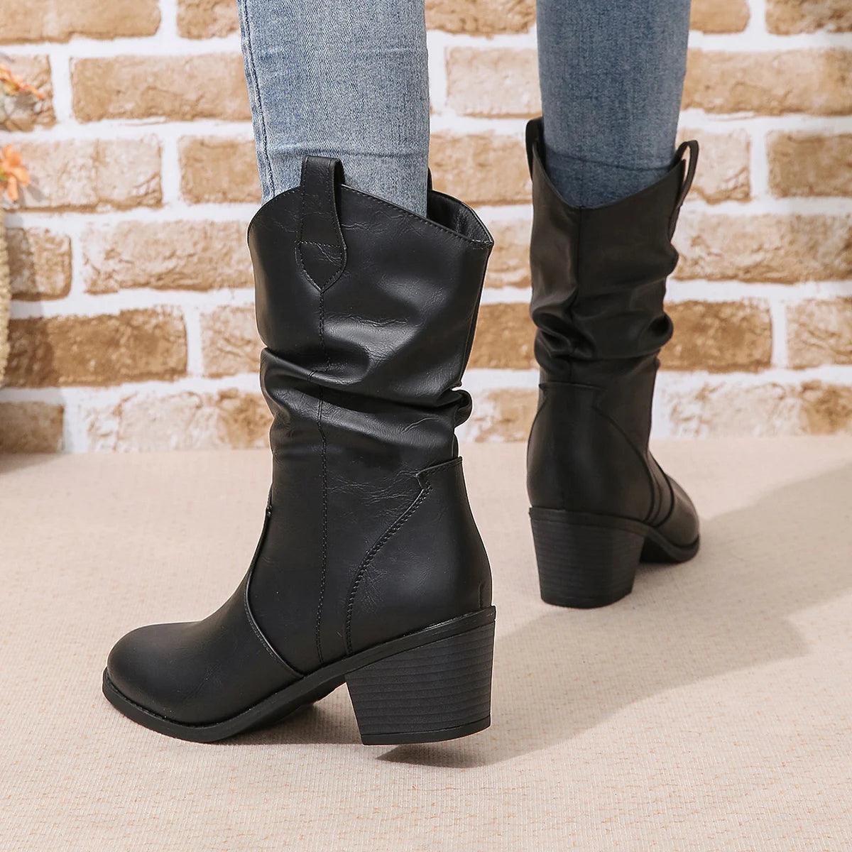 Boots Frayed One Foot Den Small Heel Mid Western Cowboy Women's Boots Mid Boots Fashion Women's Boots