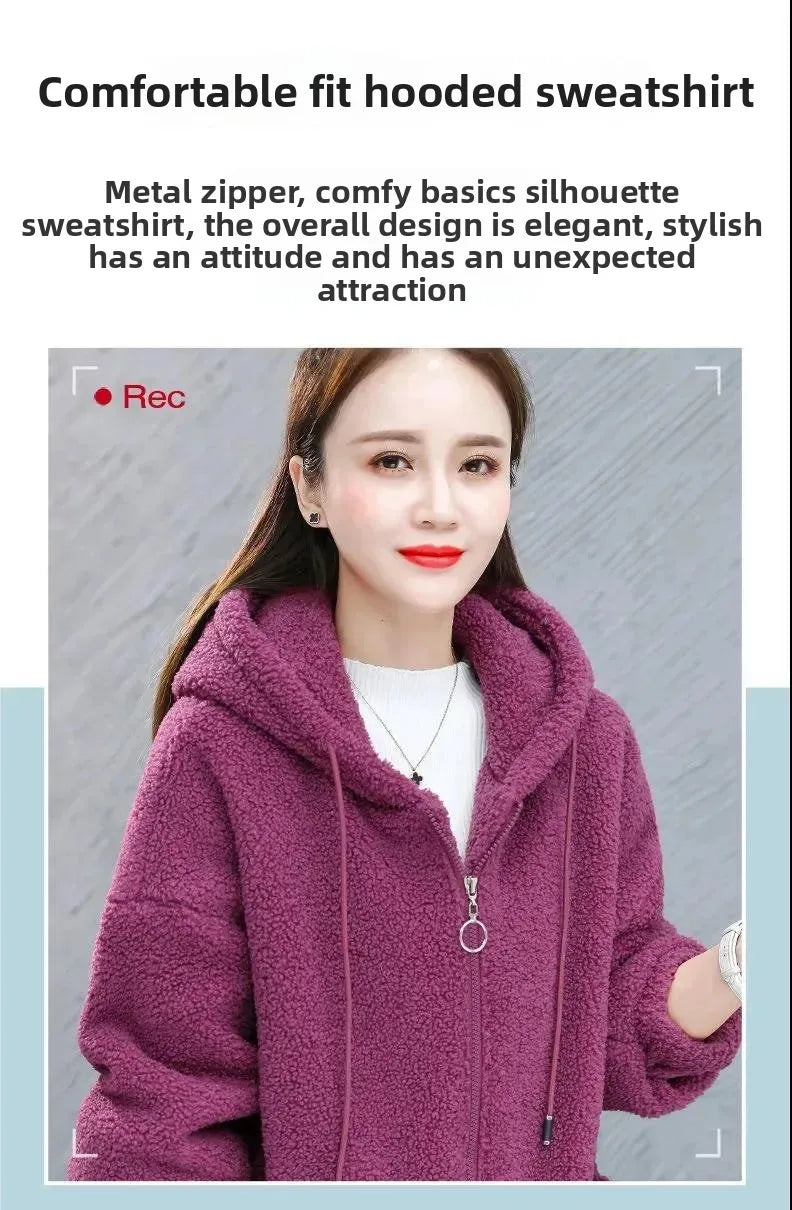 Lamb Velvet Hoodie Women's Thickened Fleece Teddy Velvet Loose Autumn Winter Korean Style Zipper Cardigan 082