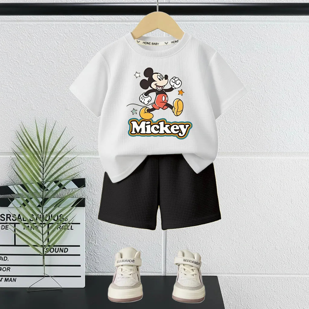 DISNEY Mickey Printed Summer Boys Casual Outfits Children Breathable T Shirt and Short Bottom Two Piece Set Kids Shorts Set New