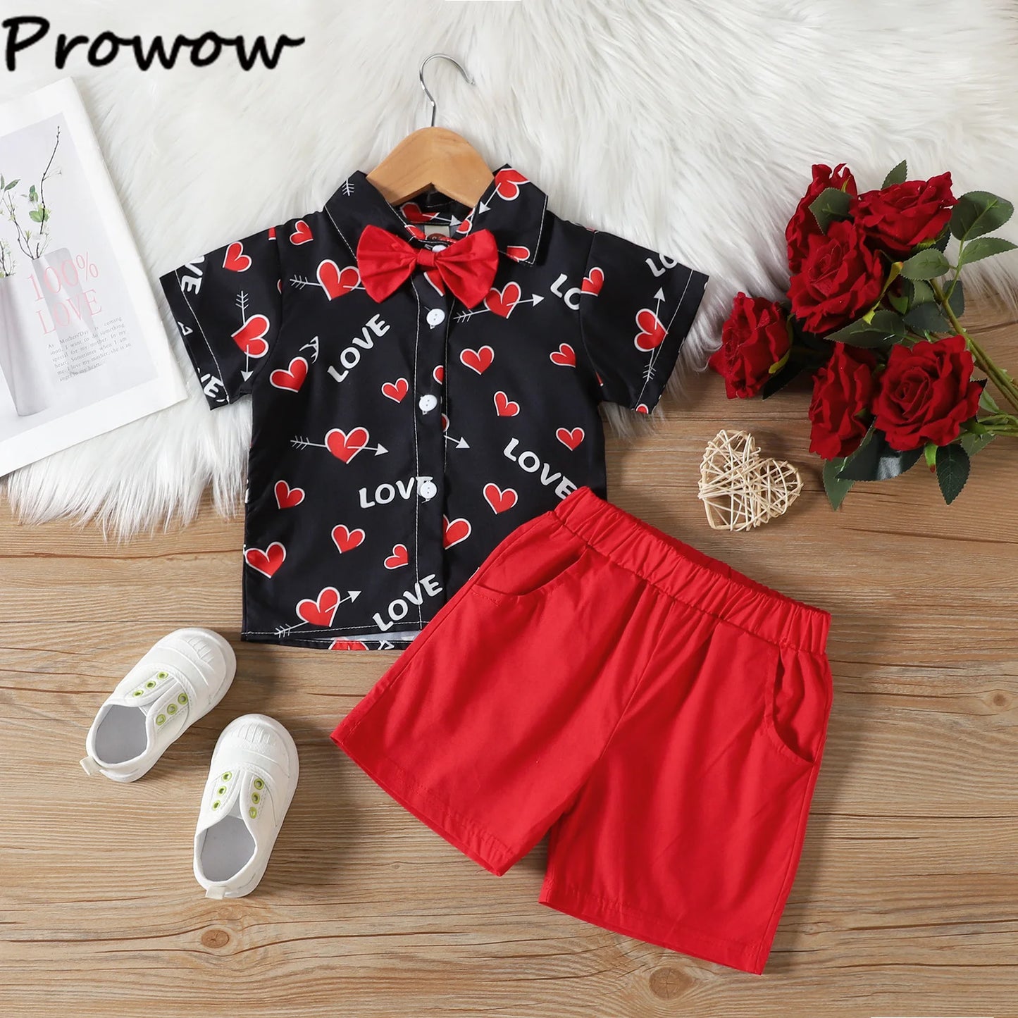 Baby Boys Valentines Day Outfits For Kids Short Sleeve Necktie Heart Print Shirts and Red Shorts Toddler Valentines Day Costumes