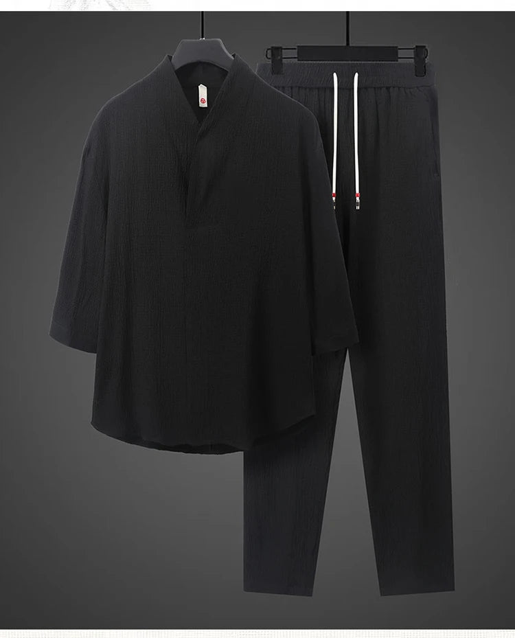 Summer Thin Ice Silk Casual Loose Sve T-irt Two-Piece Set for Young Men Comfortable Breathable Lightweight Long Pants