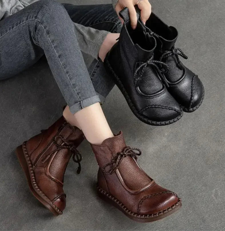 Women's Boots Spring Autumn New Retro Non-Slip Soft Bottom Flat Shoes Comfortable Soft Cowhide Ankle Boots