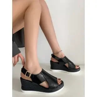 Women Shoes  Fashion Peep Toe Women Wedge Sandals Summer High-heeled Fish Mouth Shoes Soft Leather Height-increasing Beach Shoes