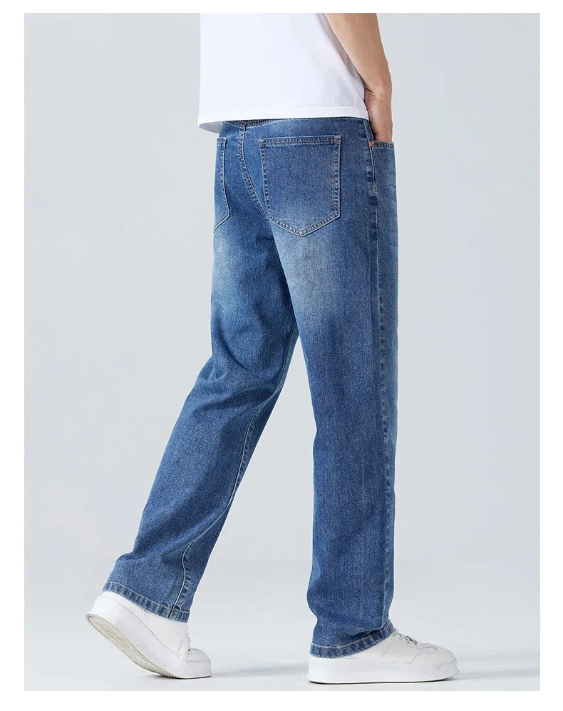 Summer Thin Straight Jeans Men's Clothing Soft Breathable Trousers Male Brand Comfortable Business Loose Denim Pants